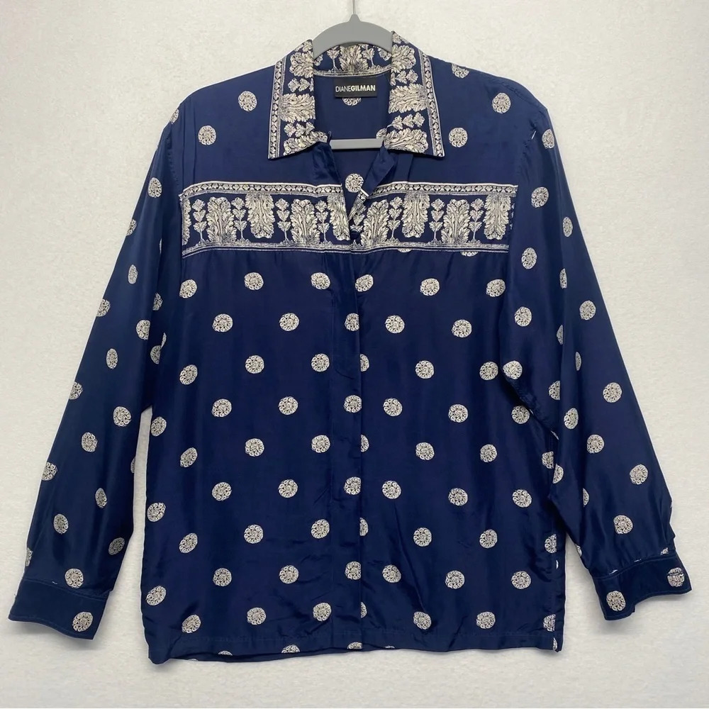 Diane Gilman Silk Blouse‎ Button Down Navy Blue S Floral Medallion